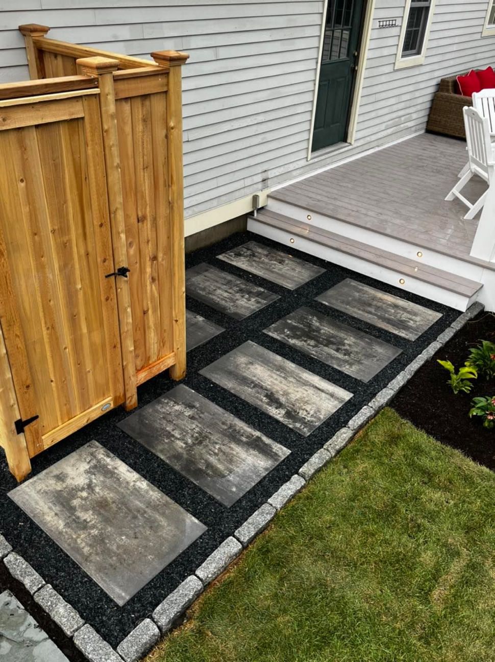Pool deck hardscaping with non-slip pavers